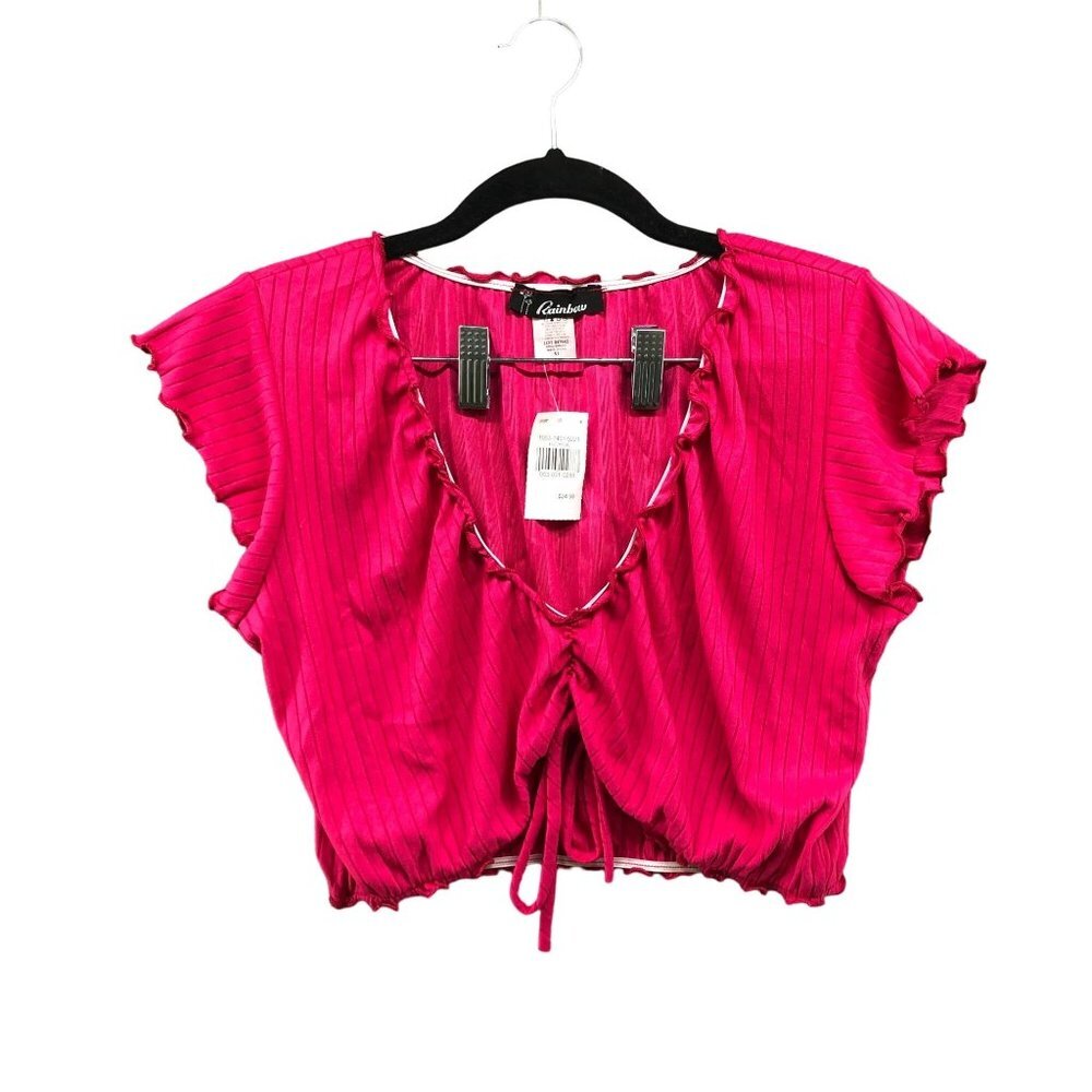 NWT Rainbow Pink Ribbed Ruffle Drawstring Gathered Front Crop Top V-neck‎ Tee XL